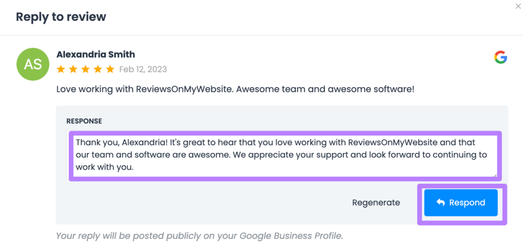 Responding to a review using ReviewsOnMyWebsite