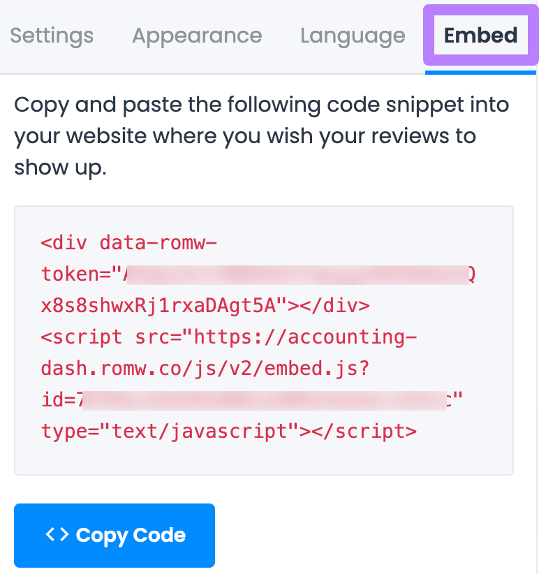 Generating an embed code in ReviewsOnMyWebsite's widget editor