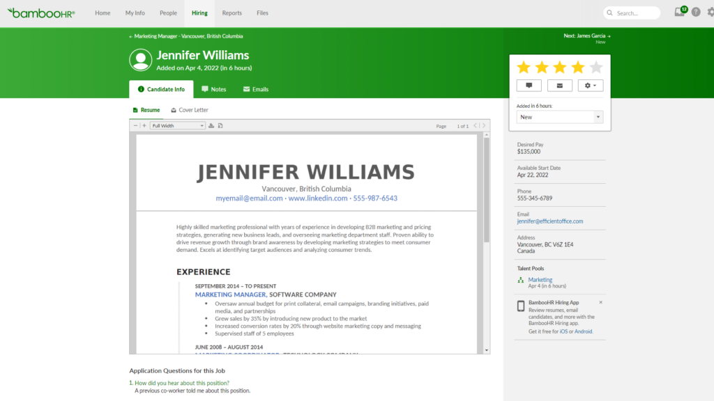 Reviewing a candidate application in BambooHR
