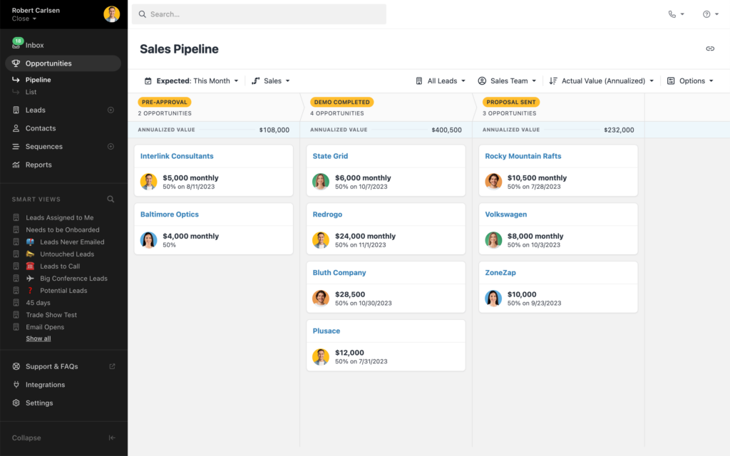 Sales pipeline management feature in Close CRM