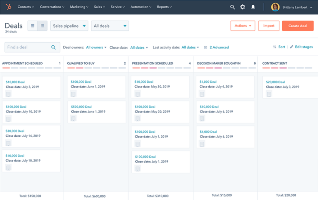 Sales pipeline tracking feature in HubSpot Sales Hub