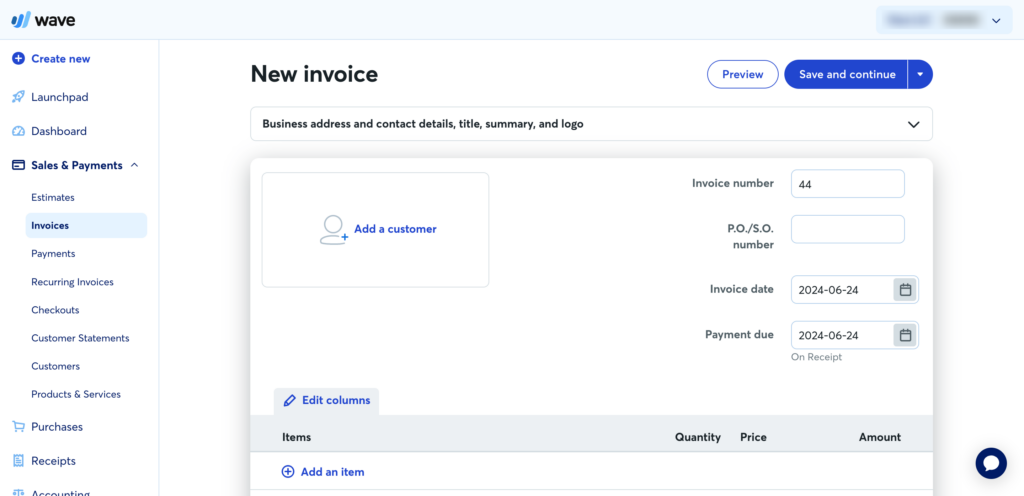 Creating an invoice in Wave