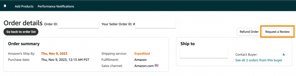 "Request a Review" button in Amazon Seller Central