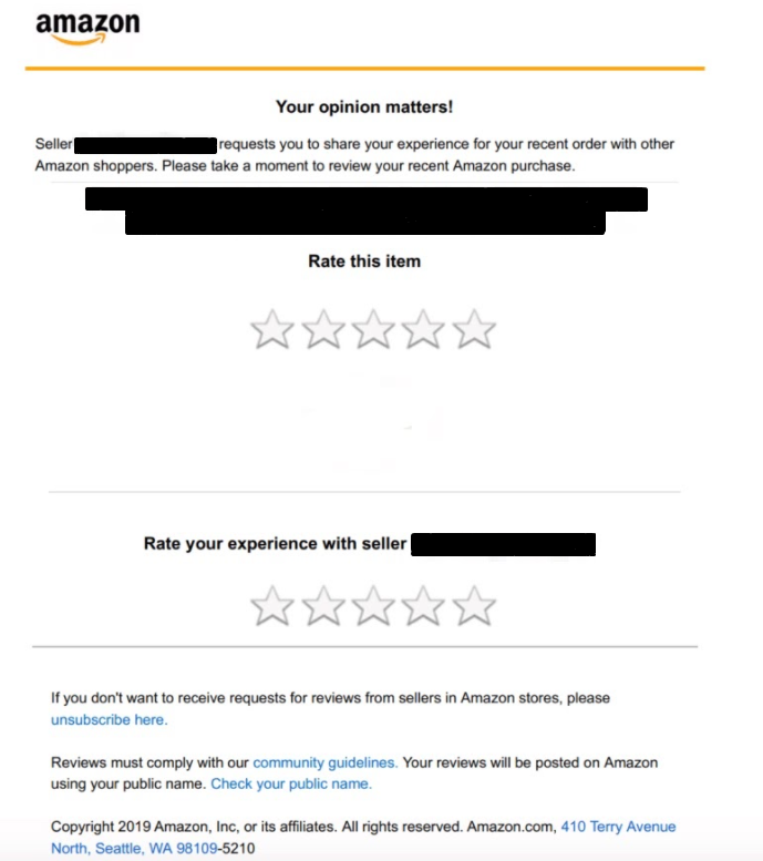 Amazon's automated review request email