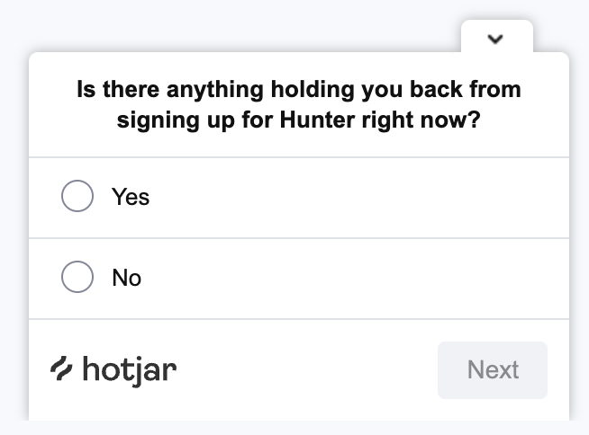 User feedback pop-up created with Hotjar