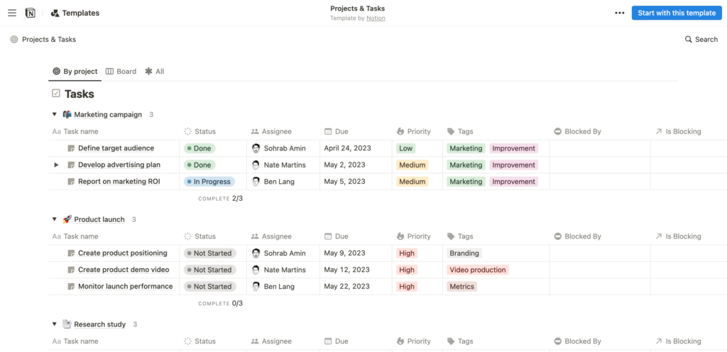 Project tracker document in Notion