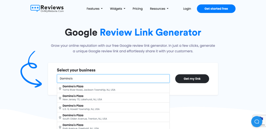 ReviewsOnMyWebsite's Google review link generator