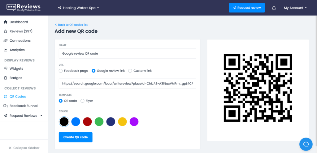 Creating a new QR code using the QR code creator in ReviewsOnMyWebsite