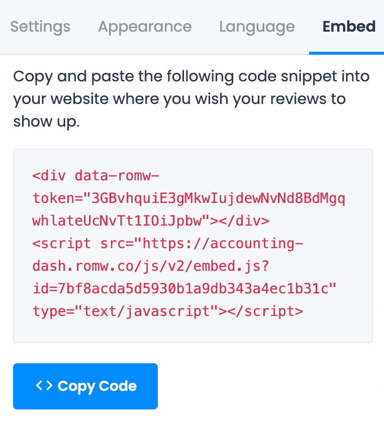 The code snippet for a review widget in ReviewsOnMyWebsite