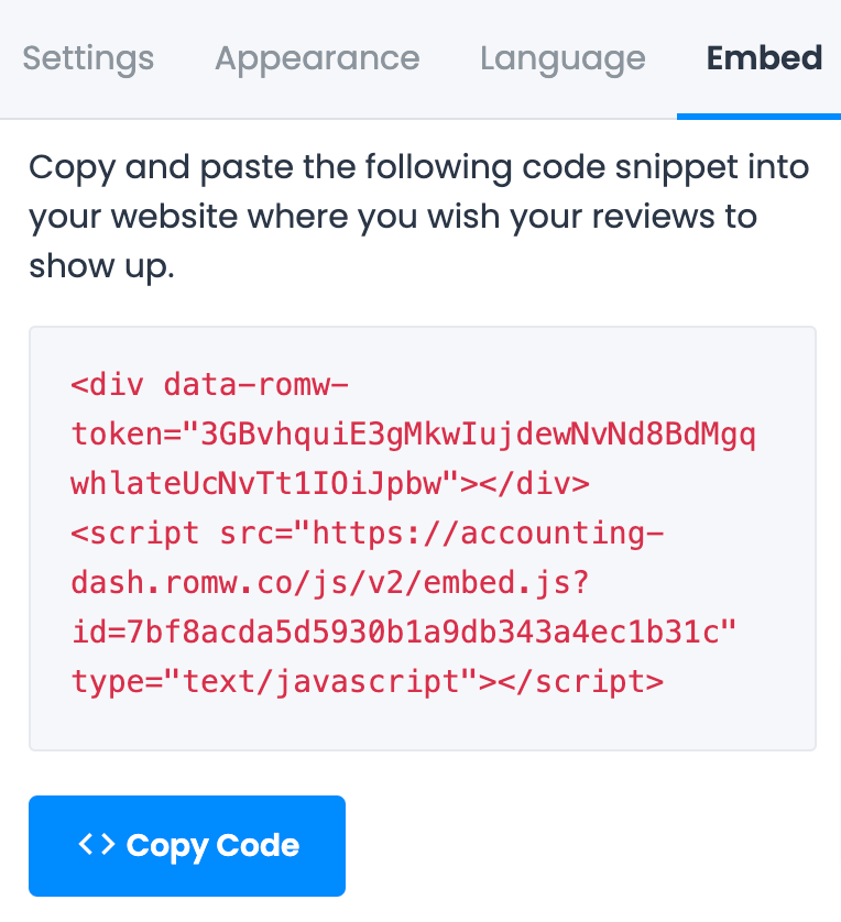 The code snippet generated by ReviewsOnMyWebsite's widget editor