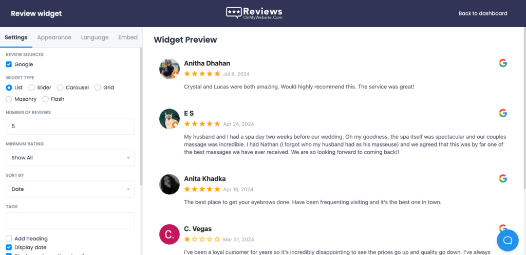 Widget editor in ReviewsOnMyWebsite