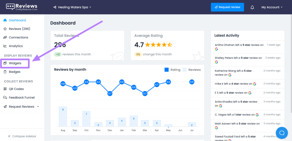 Accessing the Widgets section in ReviewsOnMyWebsite