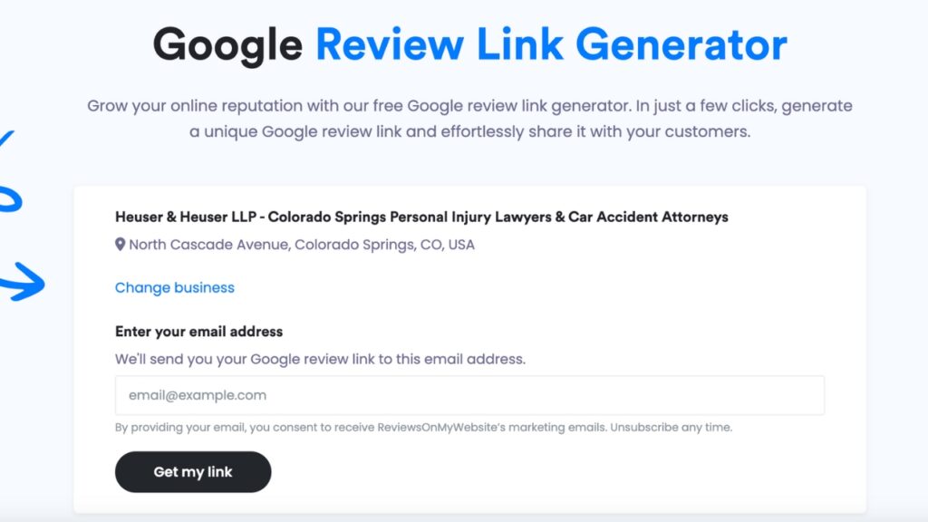 Entering an email address in ReviewsOnMyWebsite's Google Review Link Generator tool