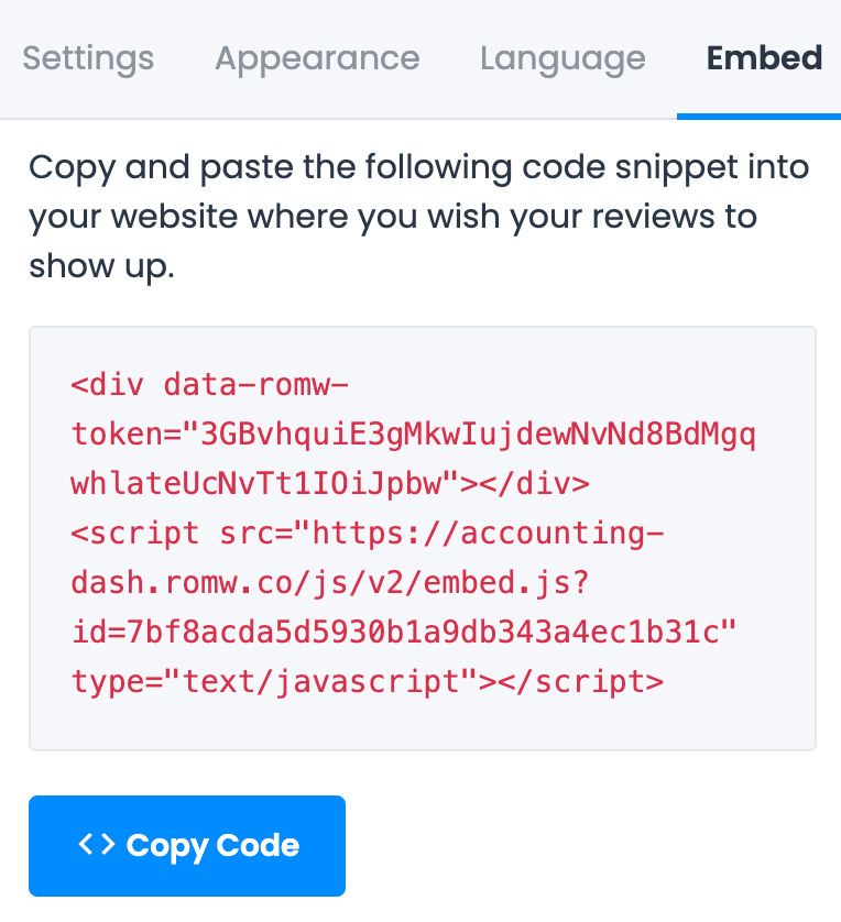 Accessing the embed code in ReviewsOnMyWebsite's built-in widget editor