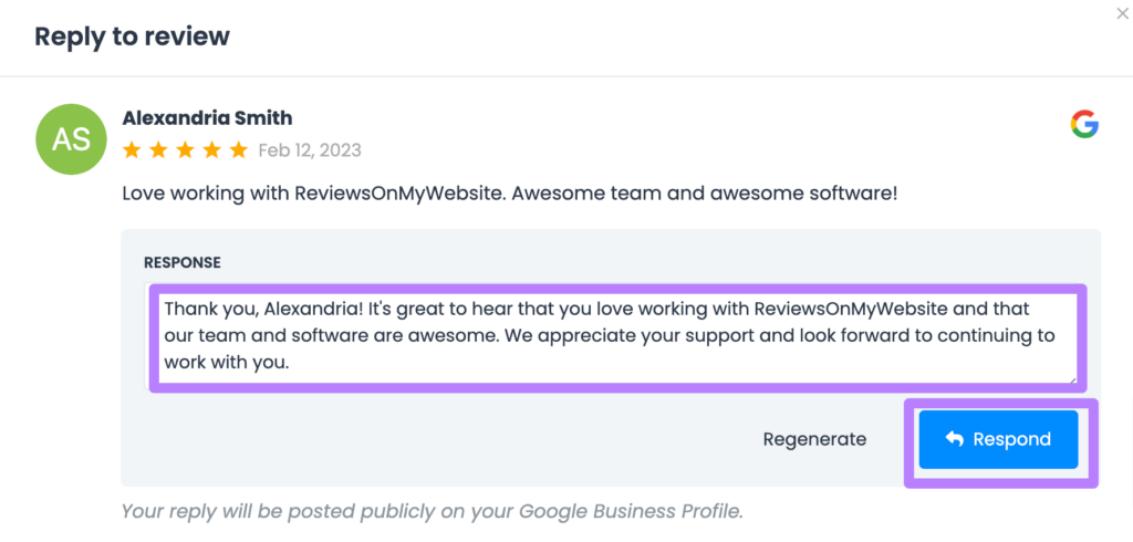 Responding to a review in ReviewsOnMyWebsite