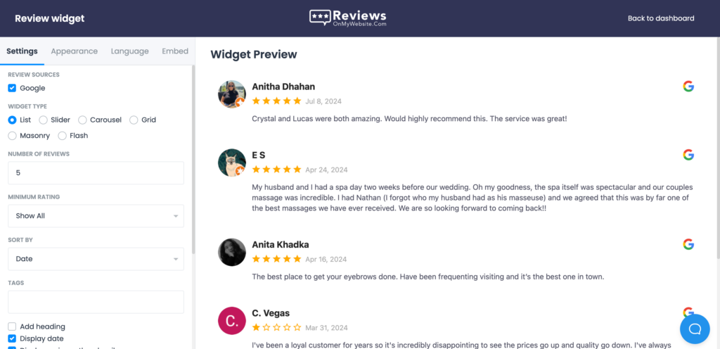 The review widget editor in ReviewsOnMyWebsite