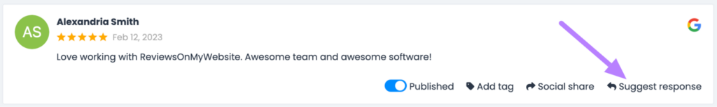 AI-powered response feature in ReviewsOnMyWebsite