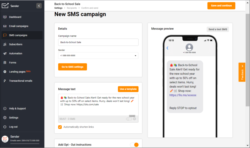 Creating a new SMS campaign in Sender