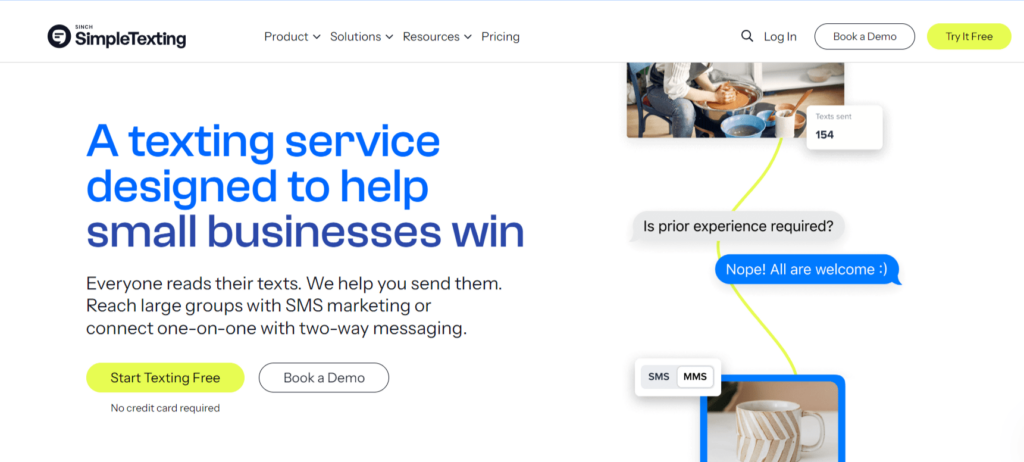 A screenshot of SimpleTexting's website