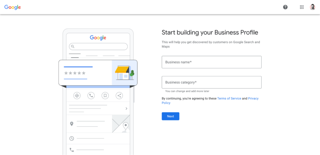 Entering your business name in the Google Business Profile creation process