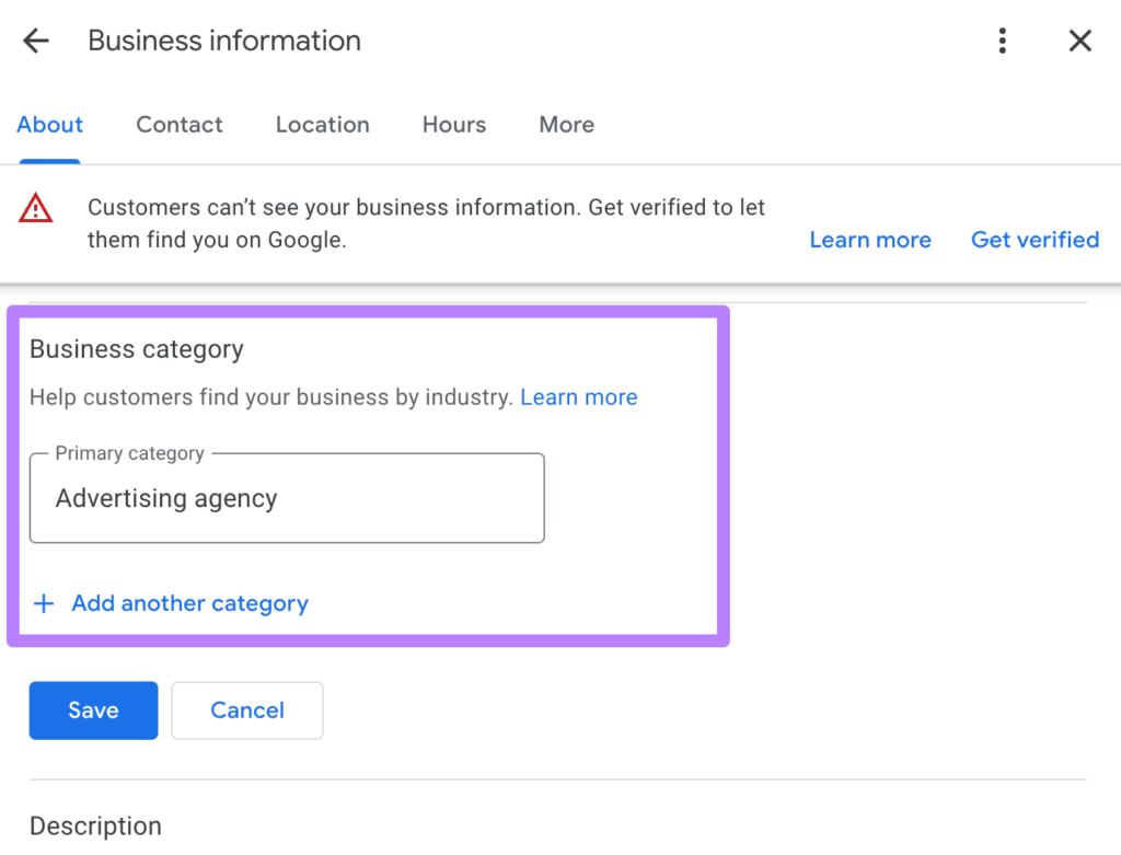 Choosing a business category in Google Business Profile