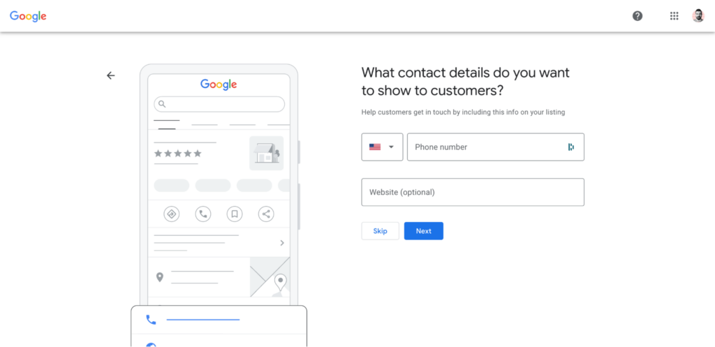 Adding your business's contact details in the Google Business Profile creation process