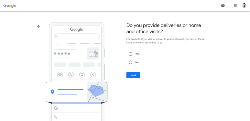 Selecting whether your business offers delivers or home visits in the Google Business Profile creation process