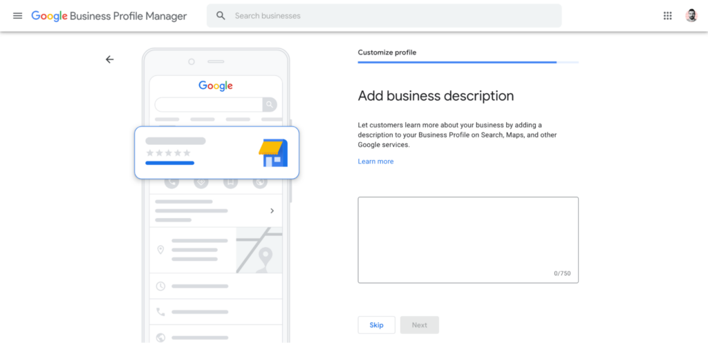 Adding your business's description in the Google Business Profile creation process