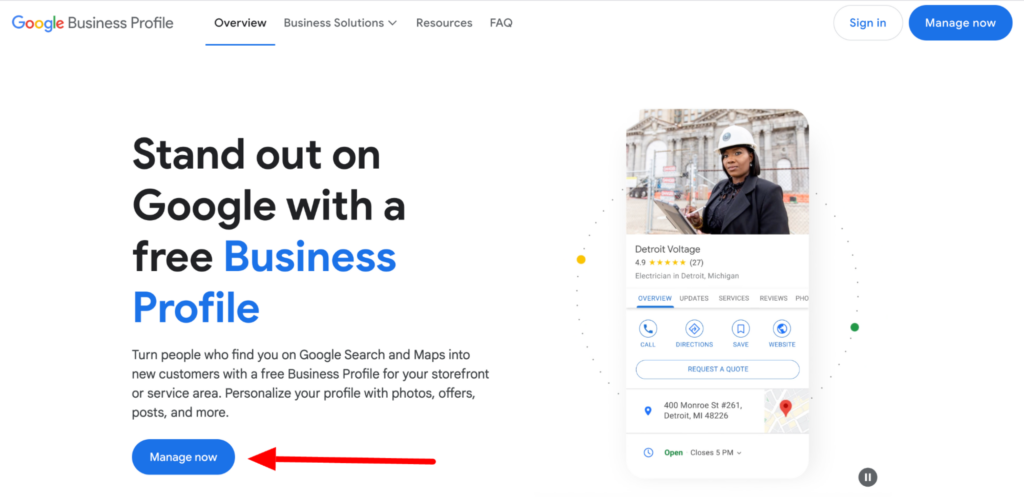 A screenshot of the Google Business Profile homepage