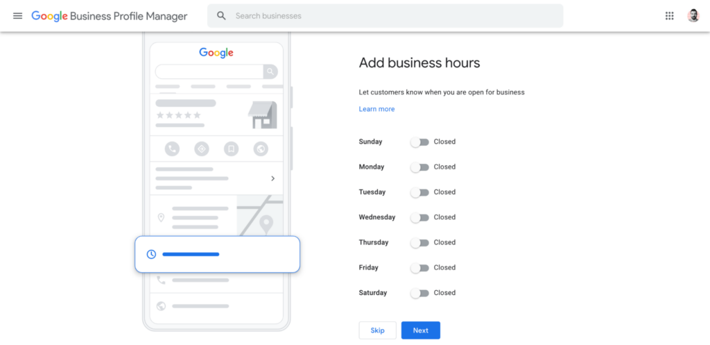 Adding your business hours in the Google Business Profile creation process.