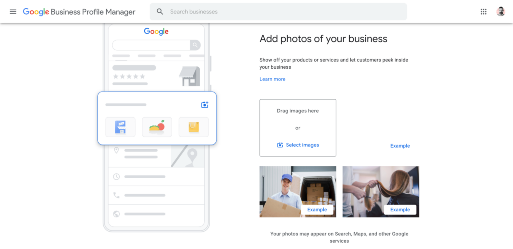 Uploading your photos in the Google Business Profile creation process