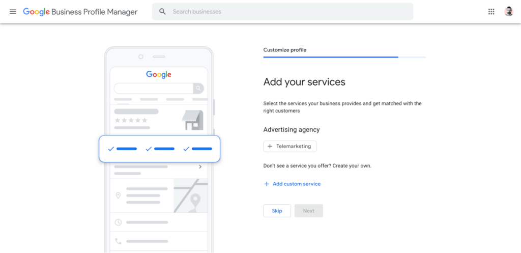 Adding your business's services in the Google Business Profile creation process.