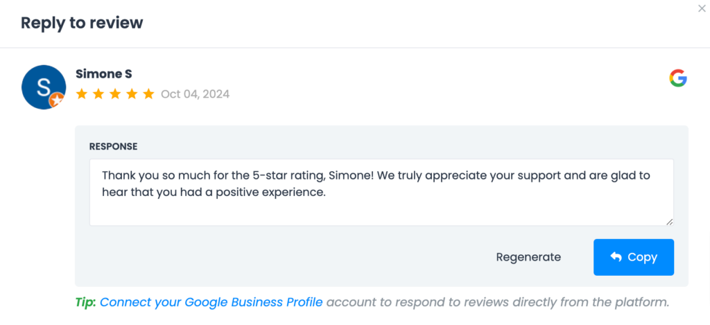 An AI-generated review response created with ReviewsOnMyWebsite