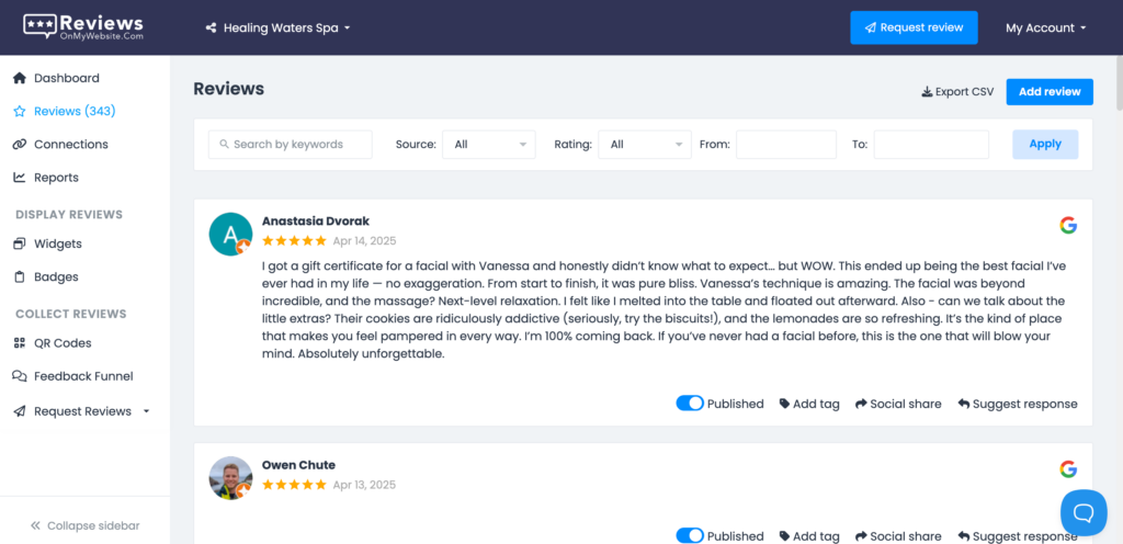 A screenshot of ReviewsOnMyWebsite's review feed