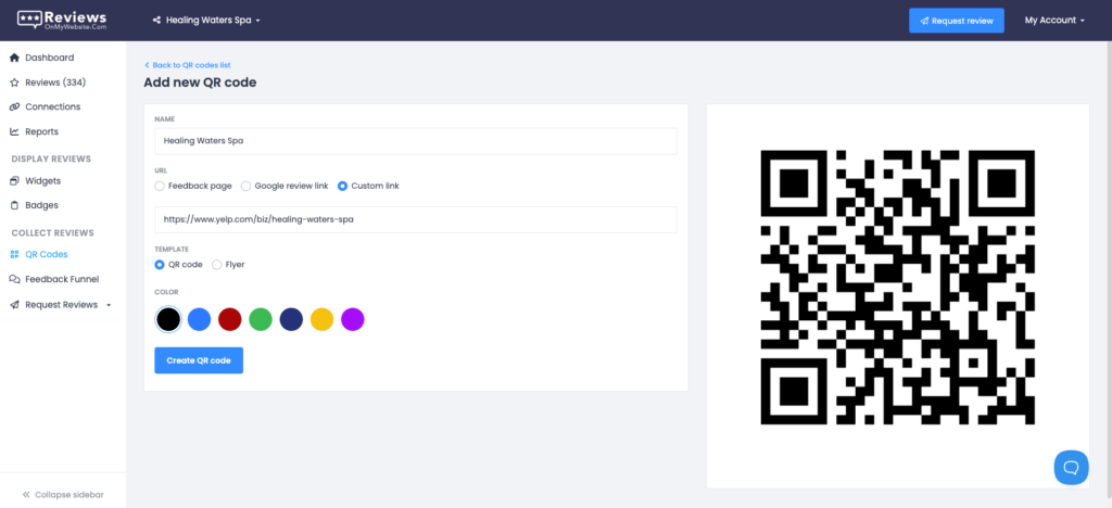 Creating a QR code in ReviewsOnMyWebsite