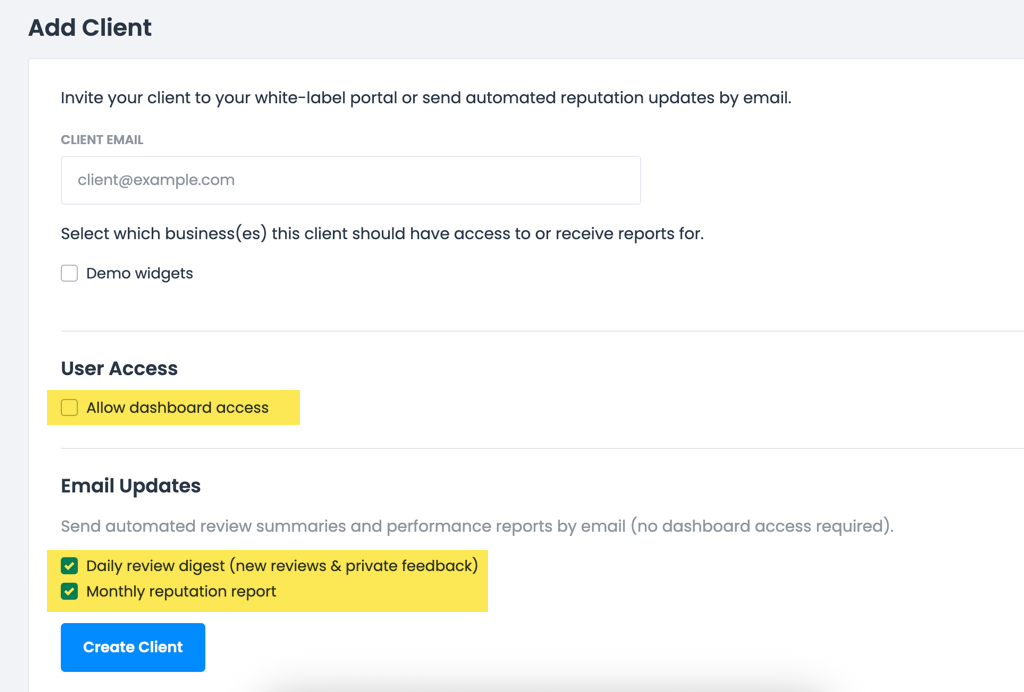Add Client screen with dashboard access and email update options.