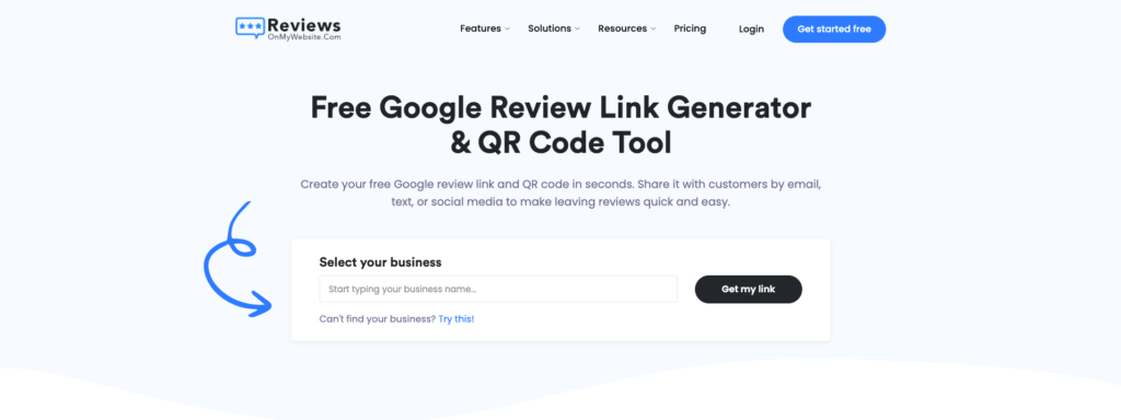 A screenshot of ReviewsOnMyWebsite's free Google Review Link Generator tool